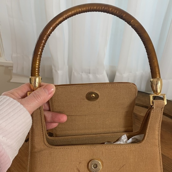 Stuart Weitzman Gold Vintage Silk / Patent Leather Top Handle Evening Bag Spain - Picture 13 of 17